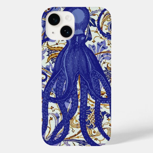 Antiek octopus op Blauwe Gouden Bloemen Case-Mate iPhone Case (Achterkant)