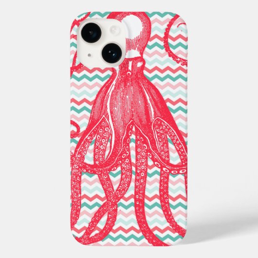 Antiek Octopus op koraal en Aqua Chevrons Case-Mate iPhone Case (Achterkant)