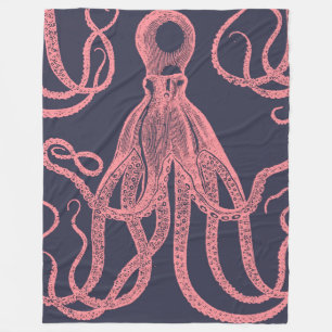 Antiek octopus roze op blauw fleece deken