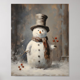 Antiek olieverfschilderij van een sneeuwman met Pe Poster
