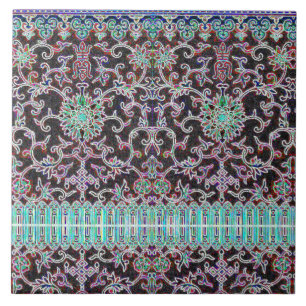 Antiek oosterse bloemmotief paarse blauwgroen tegeltje