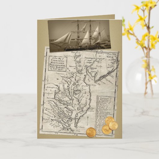 Antiek oostkust kaart verjaardagskaart (Gele Bloem)