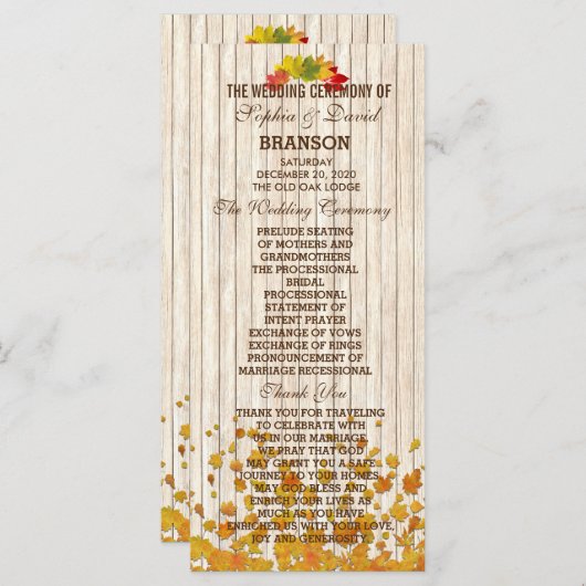 Antiek Oud Houten Herfst Bruiloftsprogramma Op Maa Programma (Voorkant / Achterkant)