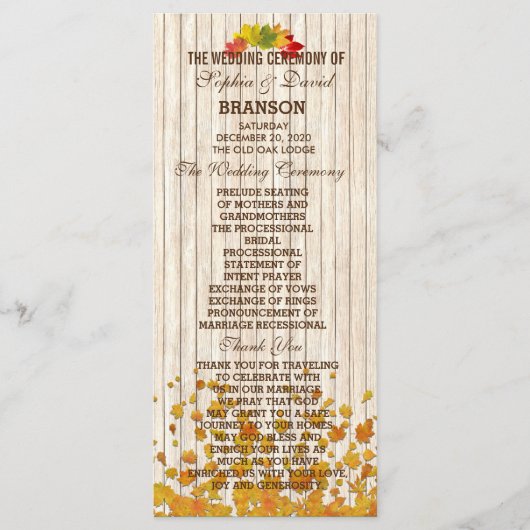 Antiek Oud Houten Herfst Bruiloftsprogramma Op Maa Programma (Voorkant)