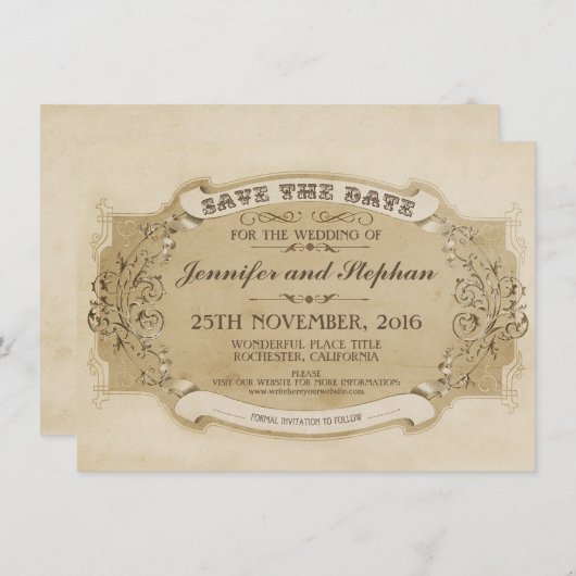 antiek Oud Sla de datumkaart op Save The Date (Voorkant / Achterkant)