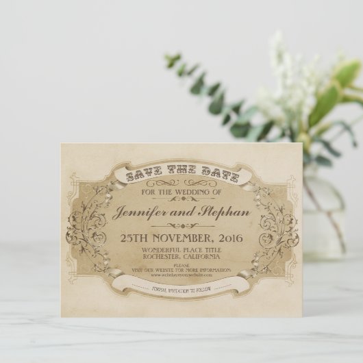 antiek Oud Sla de datumkaart op Save The Date (Staand voorkant)