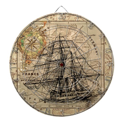 Antiek Oude Generaal Frankrijk Kaart & Schip Dartbord (Voorkant)