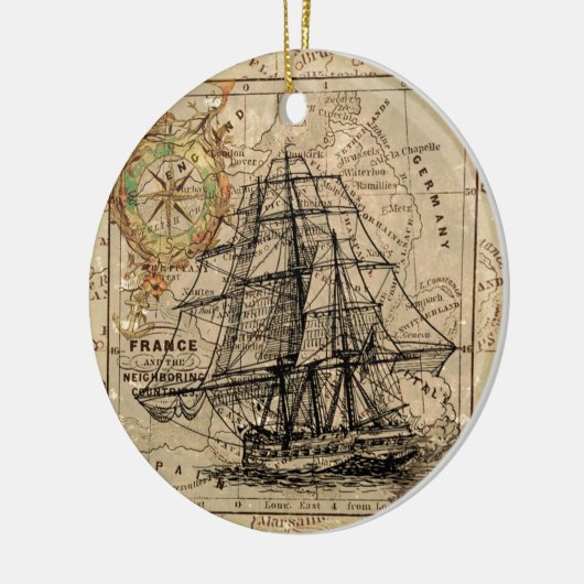 Antiek Oude Generaal Frankrijk Kaart & Schip Keramisch Ornament (Links)