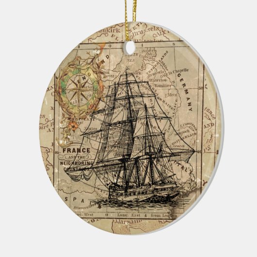 Antiek Oude Generaal Frankrijk Kaart & Schip Keramisch Ornament (Links)