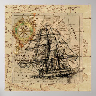 Antiek Oude Generaal Frankrijk Kaart & Schip Poster