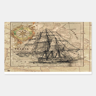 Antiek Oude Generaal Frankrijk Kaart & Schip Rechthoekige Sticker