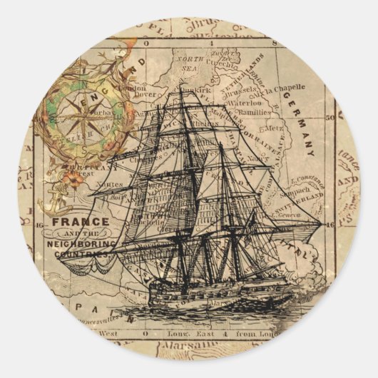 Antiek Oude Generaal Frankrijk Kaart & Schip Ronde Sticker (Voorkant)