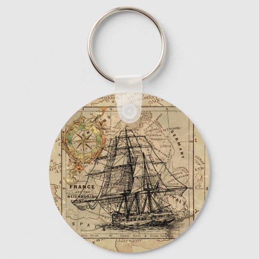 Antiek Oude Generaal Frankrijk Kaart & Schip Sleutelhanger (Voorkant)
