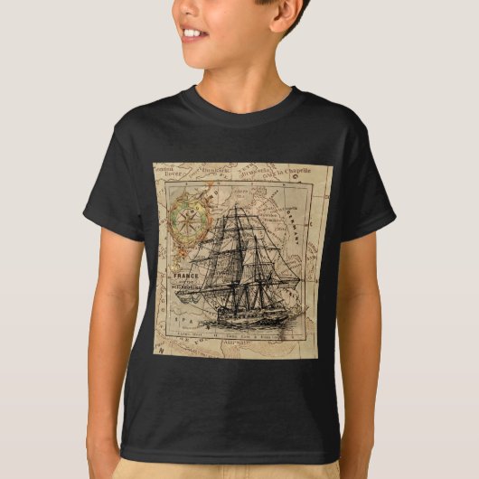 Antiek Oude Generaal Frankrijk Kaart & Schip T-shirt (Voorkant)