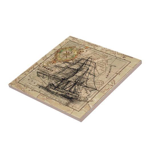 Antiek Oude Generaal Frankrijk Kaart & Schip Tegeltje (Zijkant)