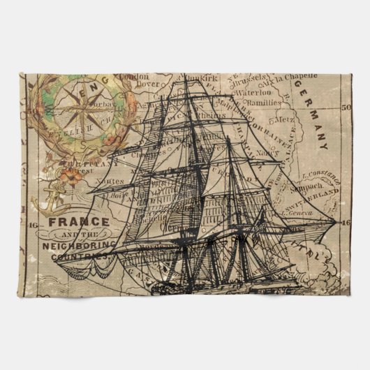 Antiek Oude Generaal Frankrijk Kaart & Schip Theedoek (Horizontaal)