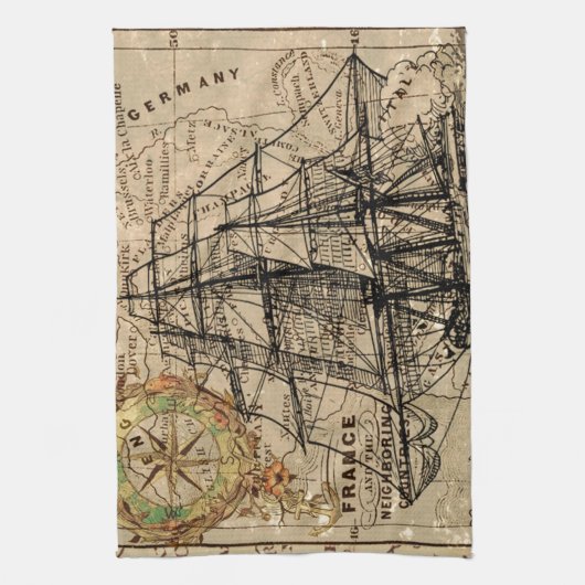 Antiek Oude Generaal Frankrijk Kaart & Schip Theedoek (Verticaal)