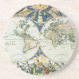  Antiek Oude Wereldkaart door Pieter Goos, 1666 Zandsteen Onderzetter