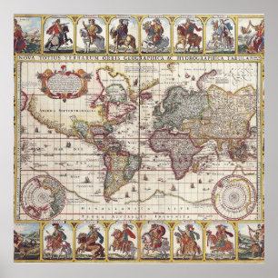  Antiek, oude Wereldkaart, ontwerp met flauwte afd Poster