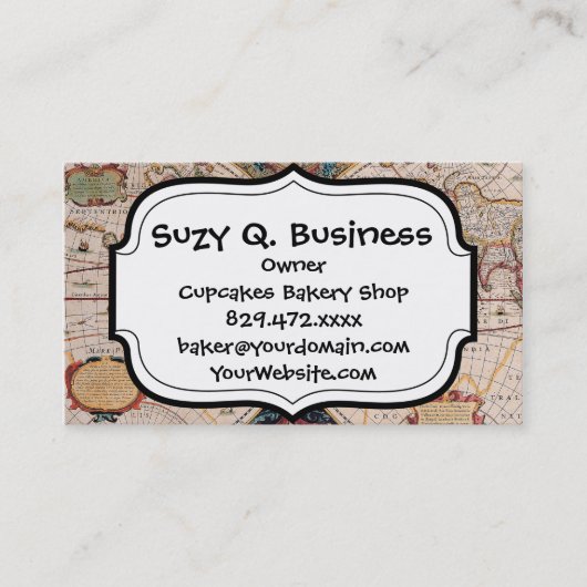 Antiek, oude Wereldkaart, ontwerp met flauwte afd Visitekaartje (Voorkant)