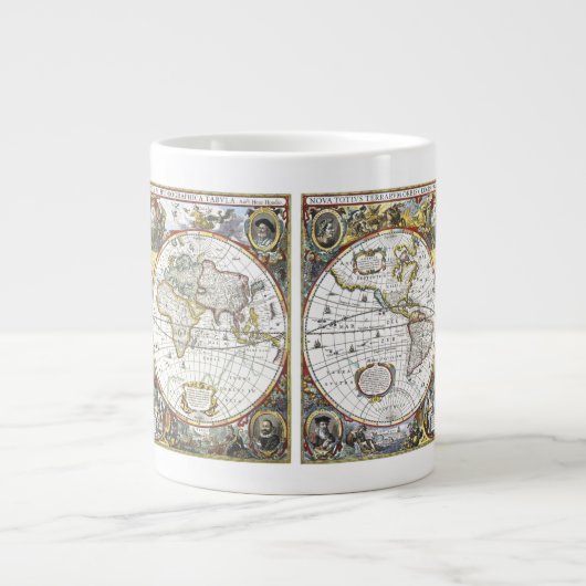 Antiek Oude Wereldkaart van Hendrik Hondius, 1630 Extra Grote Mok (Voorkant)