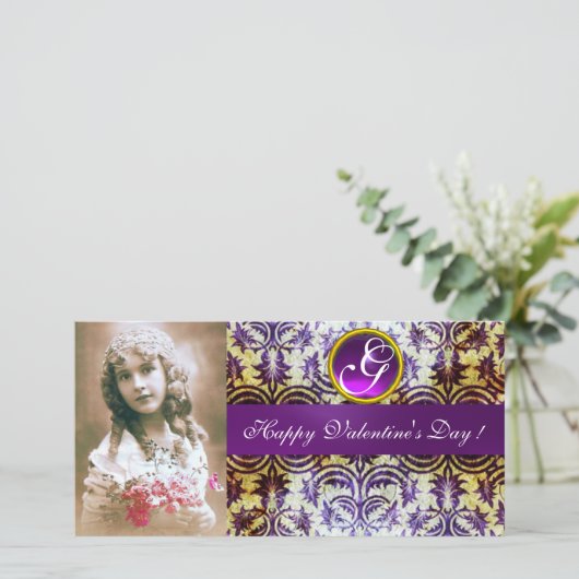 ANTIEK PAARS DAMASK Amethyst-monogram Feestdagenkaart (Staand voorkant)