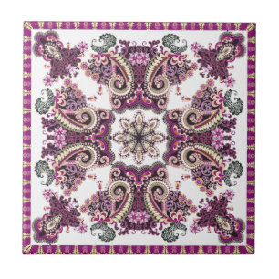 Antiek Paars Plum Blauwgroen Paisley   Tegeltje