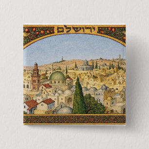 Antiek panorama van Jeruzalem Vierkante Button 5,1 Cm