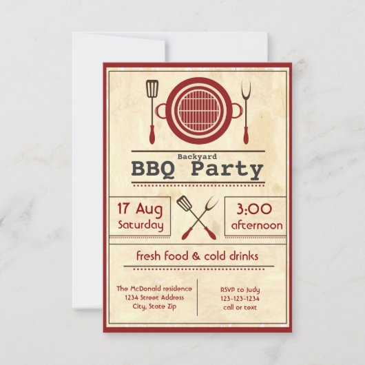 Antiek papier BBQ-partij - 3x5 uitnodiging (Voorkant)
