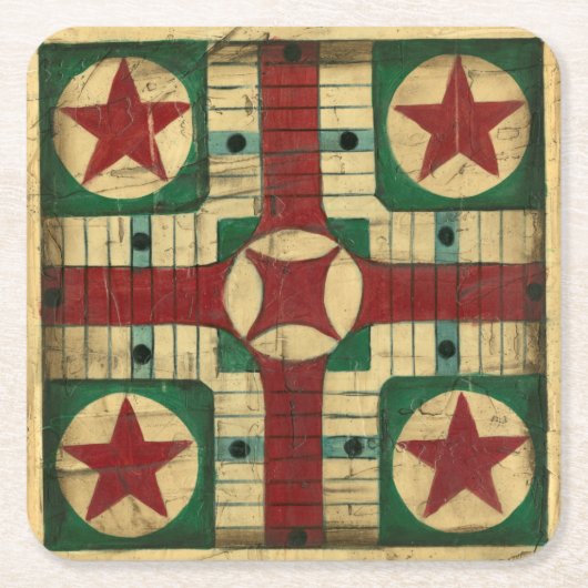Antiek Parcheesi Game Board van Ethan Harper Vierkante Kartonnen Onderzetter (Voorkant)