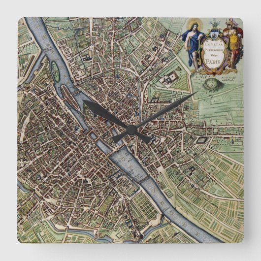 Antiek Paris Map 1657 Seine River  Frankrijk Vierkante Klok (Voorkant)