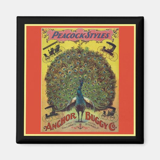 Antiek pauw buggy bedrijf rood geel magneet (Voorkant)