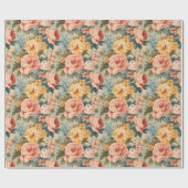 Antiek Perzik Roos en Sage Groene Bloemen Cadeaupapier (Vlak)