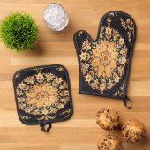 Antiek Perzisch , Turks tapijt Ovenwant & Pannenlap Set (Top down)