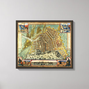 Antiek plattegrond van Amsterdam, Nederland Canvas Afdruk
