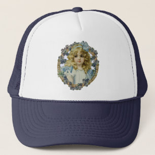 Antiek Portret van Klein Meisje Kind Schoon Trucker Pet