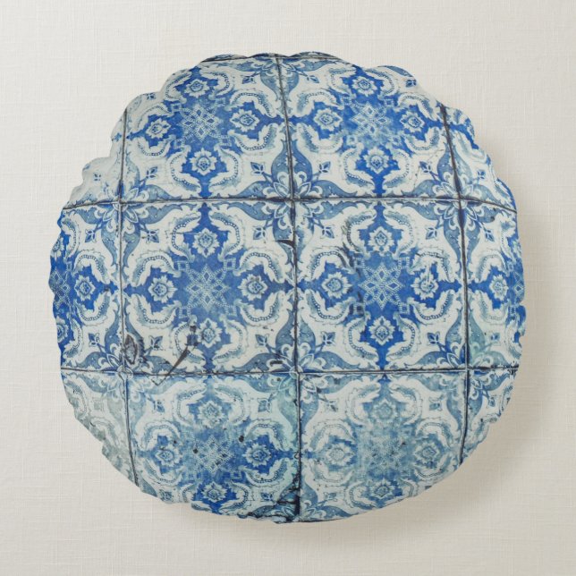 Antiek  Portugees Tiles Pattern - Azulejo Rond Kussen (Voorkant)