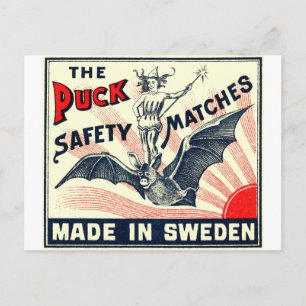 Antiek Puck Riding Bat Swedish Matchbox Label Briefkaart
