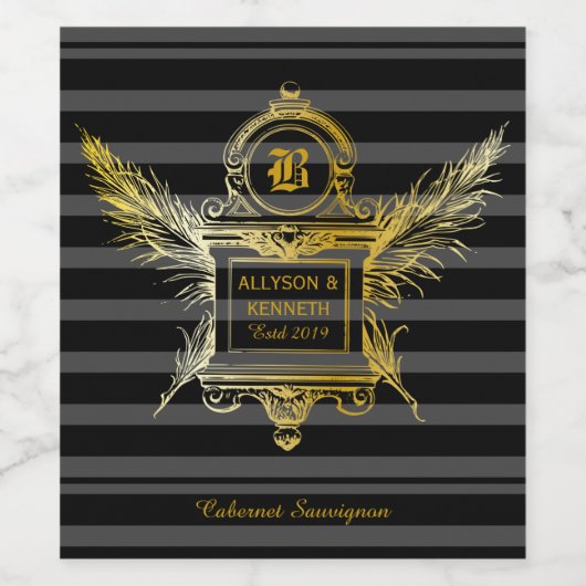 Antiek Quill veren Classic Gold Lijst Monogram Wijn Etiket (Enkel label)