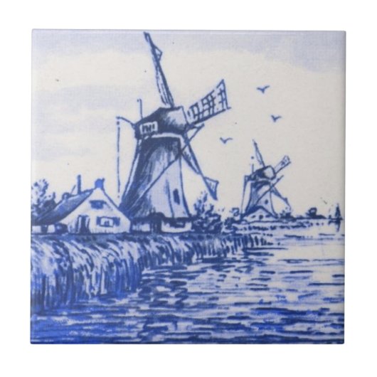 Antiek Repro Blue Delft Dutch Windmill Tile Tegeltje (Voorkant)