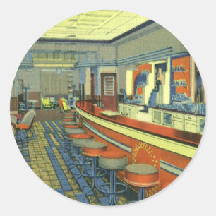 Antiek restaurant, retro interieur van een wegrest ronde sticker