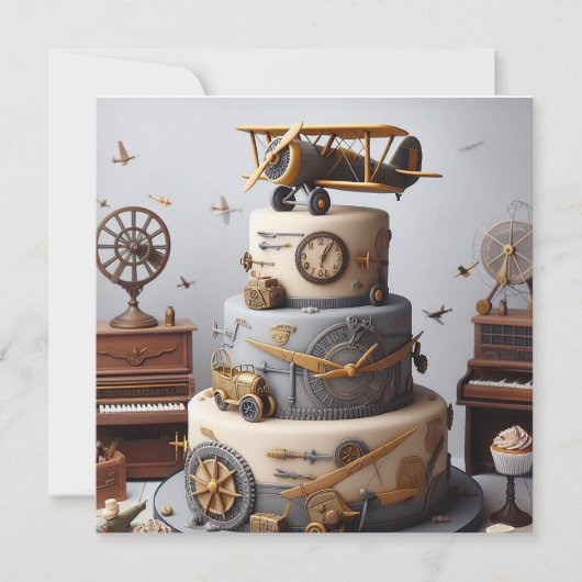 ANTIEK RETRO VLIEGTUIG CAKE VERJAARDAG KAART (Voorkant)