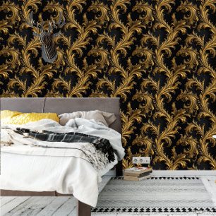 Antiek Rococo Zwart Goud Barok Behang