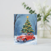 Antiek rode auto kerstboom feestdagenkaart (Staand voorkant)