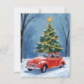 Antiek rode auto kerstboom feestdagenkaart (Voorkant)