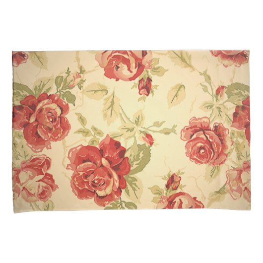 Antiek rode roos bloemig kussensloop (Voorkant-Rechts)