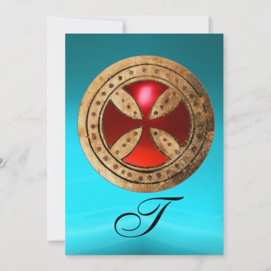 ANTIEK RODE RUBY CROSS BLUE BLACK DAMASKMONOGRAM KAART (Voorkant)