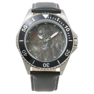 ANTIEK ROMAN BRONZE MEDALLION MET PINK GEMSTONES HORLOGE