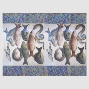 ANTIEK ROMAN MOSAICS, FISHES, OCEAAN ZEE LIFE SCEN TISSUEPAPIER