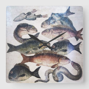 ANTIEK ROMAN MOSAICS, VISSEN, OCEAAN ZEE LIFE SCEN VIERKANTE KLOK